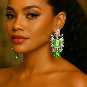 💚💗 AKA Glam Clip-On Earrings ✨ Pink & Green Rhinestone Statement Drops 💕